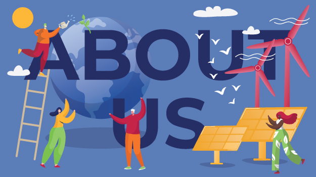 Illustration of the text about us with elements related to renewable energy
