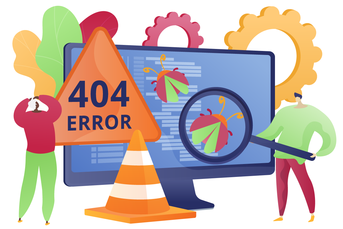 Illustration of two people looking for an error 404
