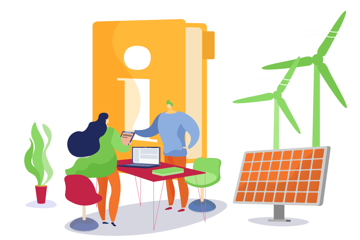Illustration of a person asking another person information about renewable energy